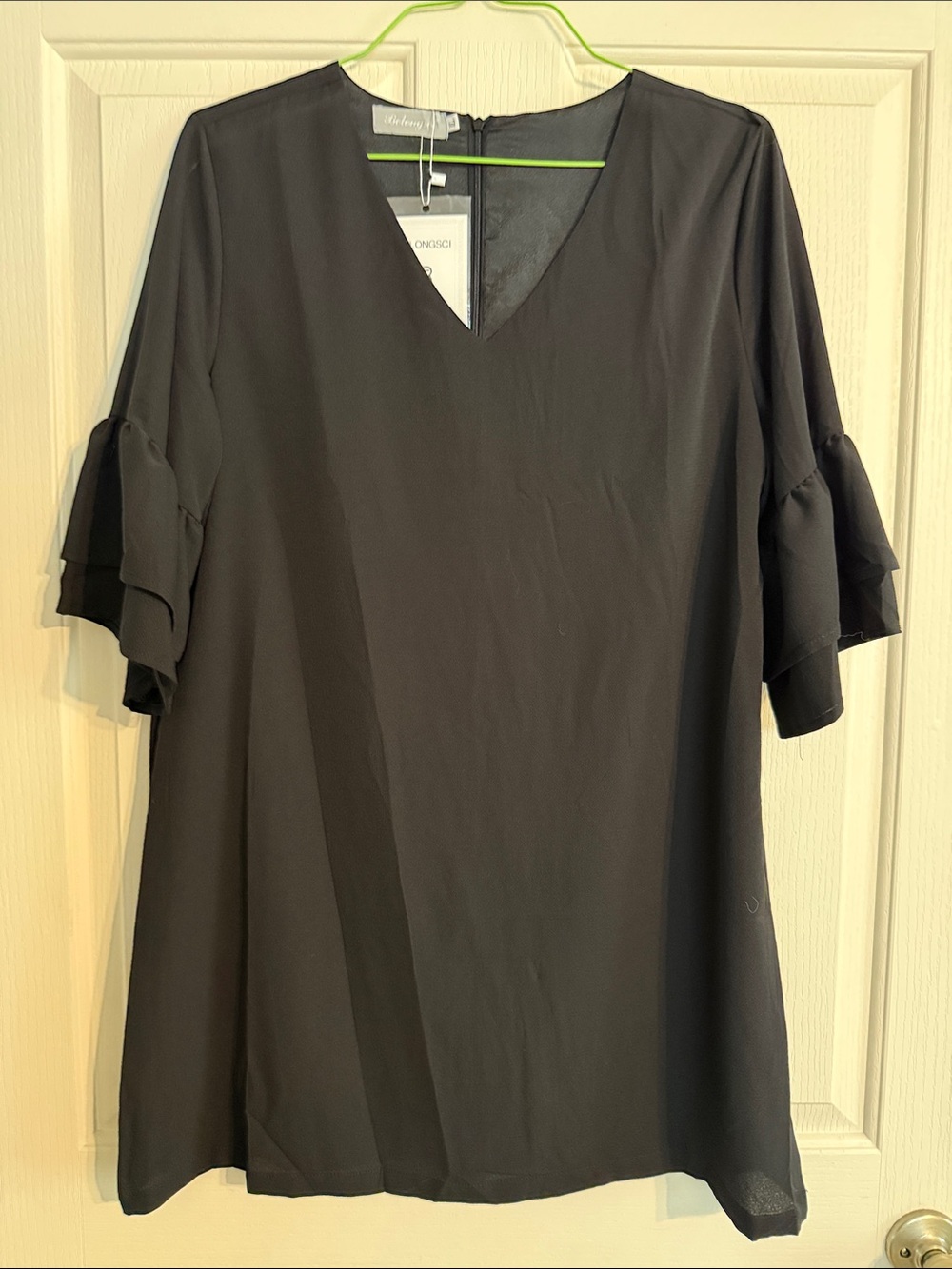Black V-Neck Crepe Dress with 3/4 Ruffle Sleeves